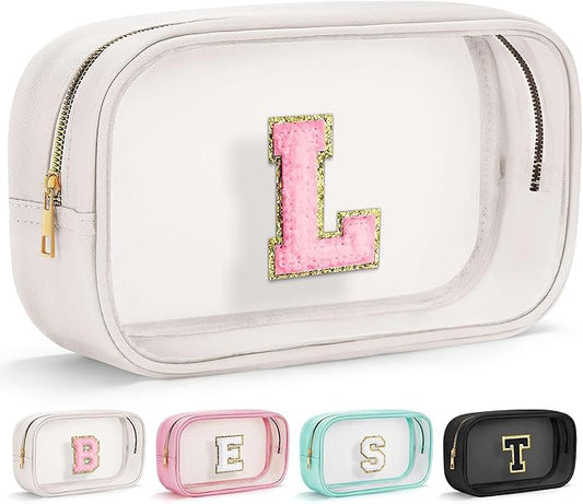 YOOLIFE Initial Makeup Bag Travel Toiletry Bag Clear Makeup Bag Preppy Cosmetic Bag Gifts for Girls Kids Graduation Gifts Birthday Gifts for Girls Kids Birthday Gifts Swim Gifts White L-VivaGrace Women