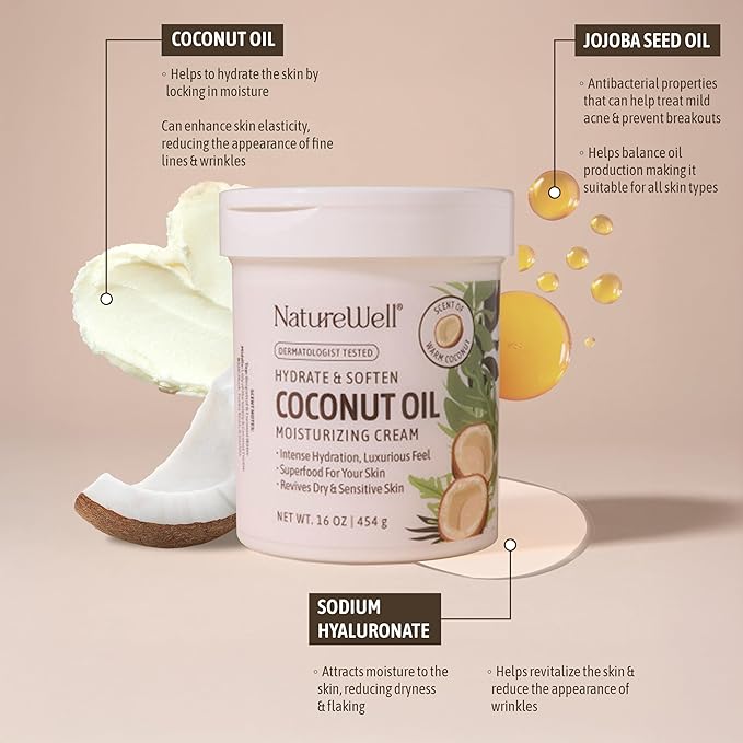 NATURE WELL Hydrate & Soften Coconut Oil Moisturizing Cream for Face, Body, & Hands, Non-Greasy, Intense Hydration & Luxurious Feel, Revives Dry & Sensitive Skin, Superfood for Your Skin, 16 Oz-VivaGrace Women