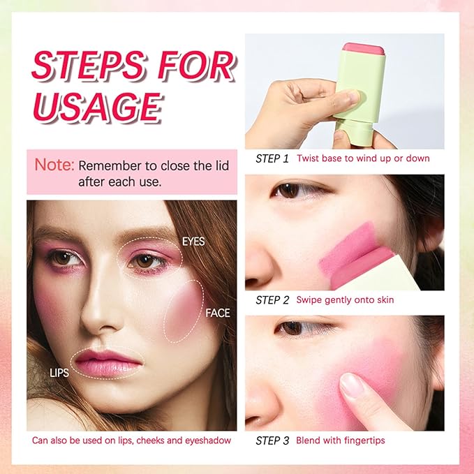 Cream Red Blush Stick,Multi-Use Makeup Milk Blush Stick,Long Lasting Natural Blush Makeup 2-in-1 Cheek and Lip Tint,Waterproof Vegan Tinted Moisturizer Matte Blush Stick for Cheeks and Lip-VivaGrace Women