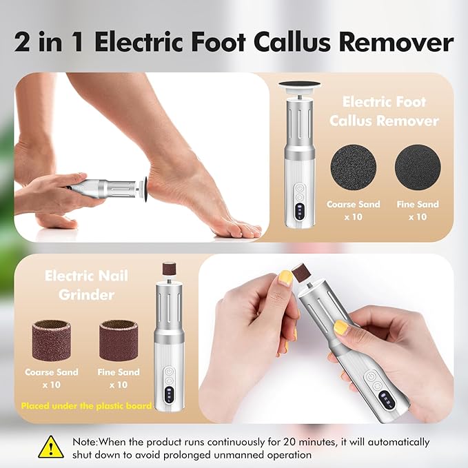 Electric Foot Callus Remover Cordless Electric Foot Filer Kit with 6Speeds Chagring Dock Callus Remover for Women Men Feet and Nail (White)-VivaGrace Women