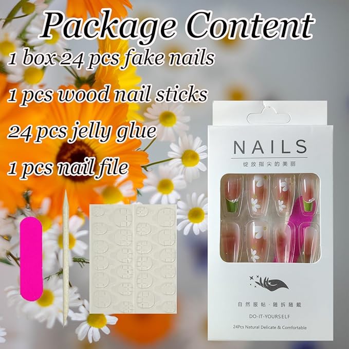 Green French Tip Fake Nails 24Pcs White Flower Press on Nails Long Coffin Acrylic False Nails with Design Pearl Nail Charms Camellia Flowers Glue on Nails Gradient Blush French Artificial Nails