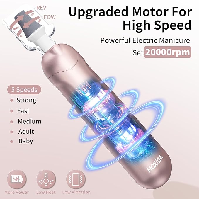 Manicure Pedicure Kit with Case, Professional Nail Grinder for Senior Thick Toenail, Cordless Electric Nail File, 5 Speeds Pedicure Tools for feet Callus Remover, Nail Drill for Women Hand Feet Care-VivaGrace Women