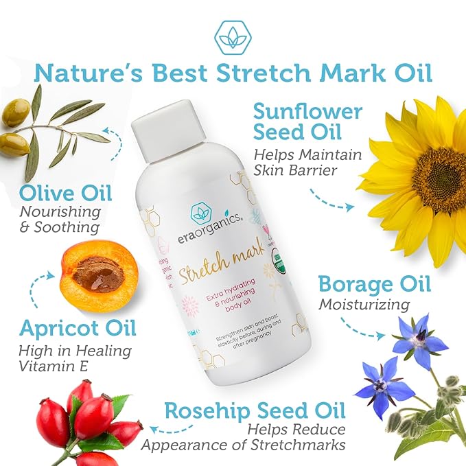 Era Organics Organic Stretch Mark Oil for Pregnancy - Extra Moisturizing Belly Oil for Pregnancy - Pregnancy Oil to Prevent Stretch Marks - Pregnancy Must Haves-VivaGrace Women