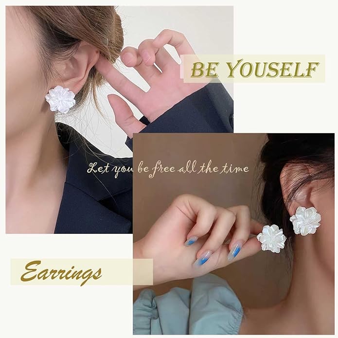 Unique Large White Flower Earrings Studs Vintage Acrylic Floral Petal Earrings Statement French Camellia Flower Earrings Studs Bridal Wedding Prom Earrings Jewelry for Women-VivaGrace Women