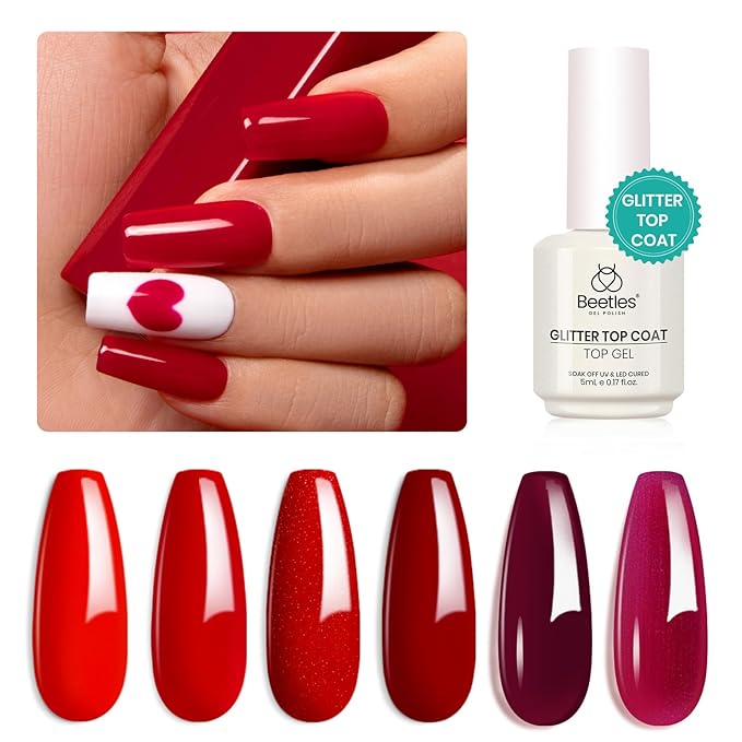 Beetles Red Gel Nail Polish Set with Top Coat, 6 Colors Popular Shimmer Red Burgundy Gel Polish Kit Nail Art Design Soak Off Uv LED Minicure DIY Home Gifts for Women-VivaGrace Women