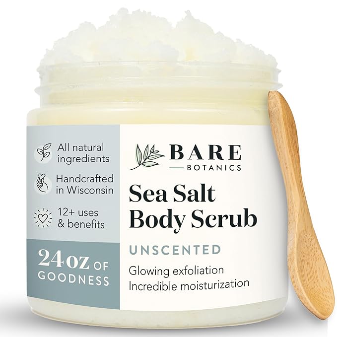 Bare Botanics Unscented Body Scrub 24 oz - Naturally Scented Sea Salt Scrub Made in Madison, WI - Formulated w/Skin Loving Moisturizers - Vegan, Cruelty Free Exfoliator w/a Cute Wooden Spoon-VivaGrace Women