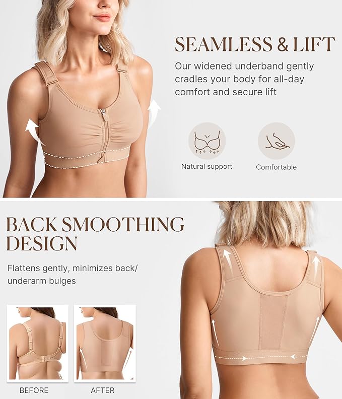 BRABIC Zip Front Closure Everyday Bra for Women Post Surgery Compression Support with Adjustable Straps Wirefree-VivaGrace Women