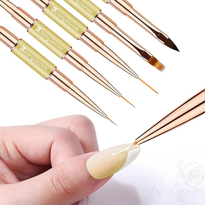 Nail Art Brushes for Nail Art, Professional 5Pcs Double-Ended Acrylic Nail Brush Set for Details, Long Lines, Ombre & 3D Design-Perfect for DIY Manicures & Salons (Gold)-VivaGrace Women