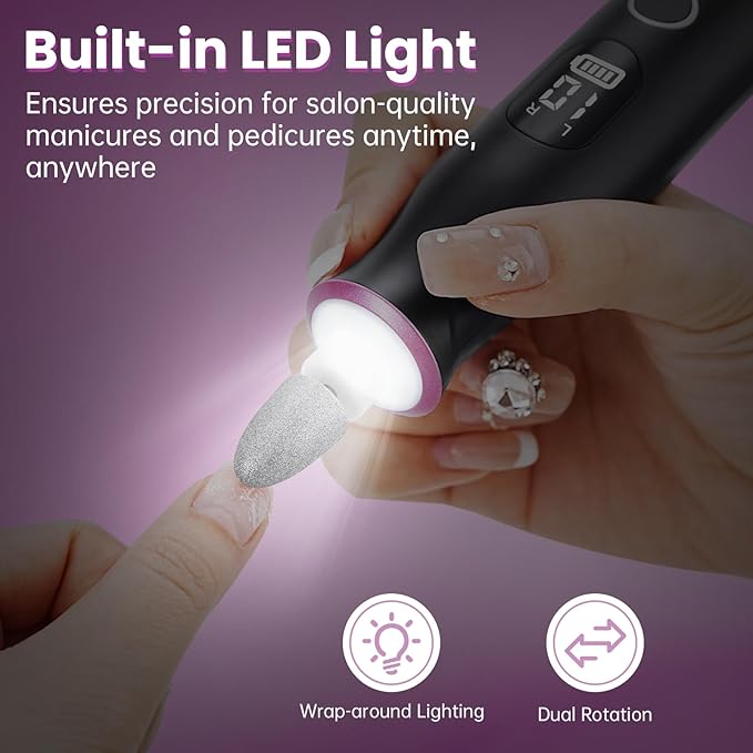 Electric Nail Drill, Cordless 2000 mAh Rechargeable Portable Nail File 12 in 1 Kit for Thick Toenails, 10 Speeds Nail Dril Machine Professional Manicure Pedicure for Hand Natural Nails Care (Black)-VivaGrace Women