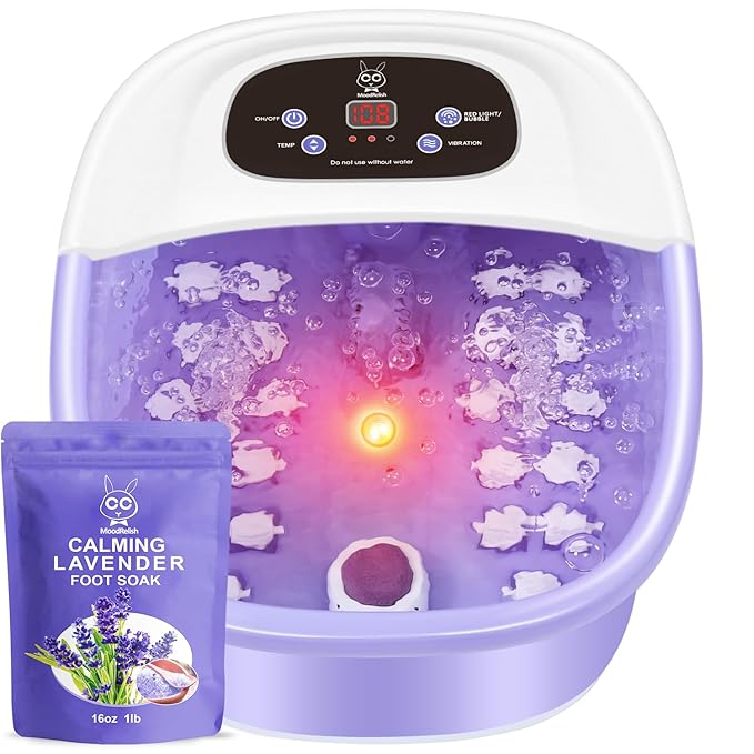 Foot Spa Bath Massager with Heat Bubbles and Vibration Massage and Jets, 16 OZ Calming Lavender Foot Soak Epsom Salt, MoodRelish Foot Soaker With Red Light, 22 Massage Rollers, Adjustable Temp -Purple-VivaGrace Women