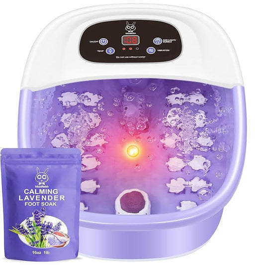 Foot Spa Bath Massager with Heat Bubbles and Vibration Massage and Jets, 16 OZ Calming Lavender Foot Soak Epsom Salt, MoodRelish Foot Soaker With Red Light, 22 Massage Rollers, Adjustable Temp -Purple-VivaGrace Women