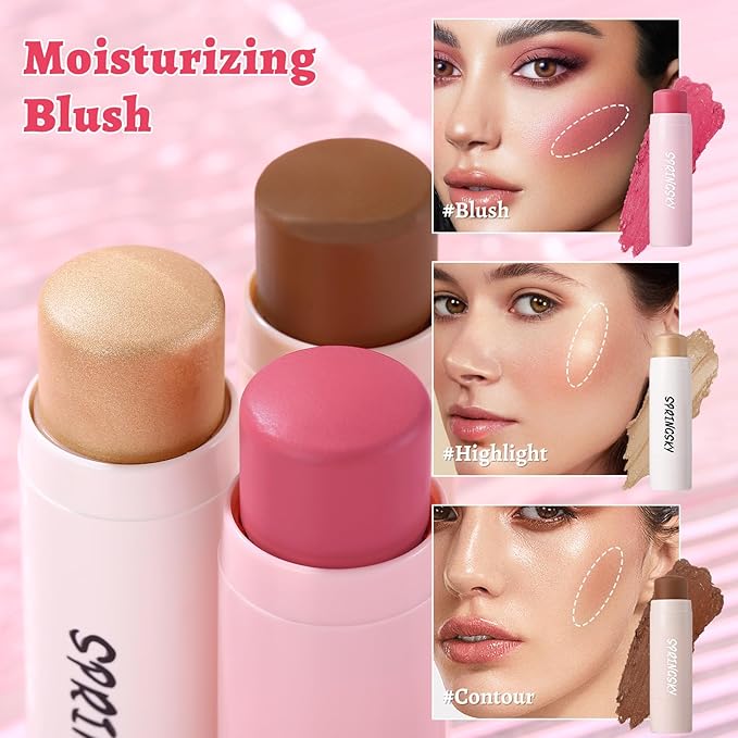 3Pcs Multi-Use Face Makeup Sticks Sets, Blendable Cream Blush Stick For Cheeks Lips, Highlighter Contour Shading Sticks Moisturizer Make Up Sets For Women (01)-VivaGrace Women