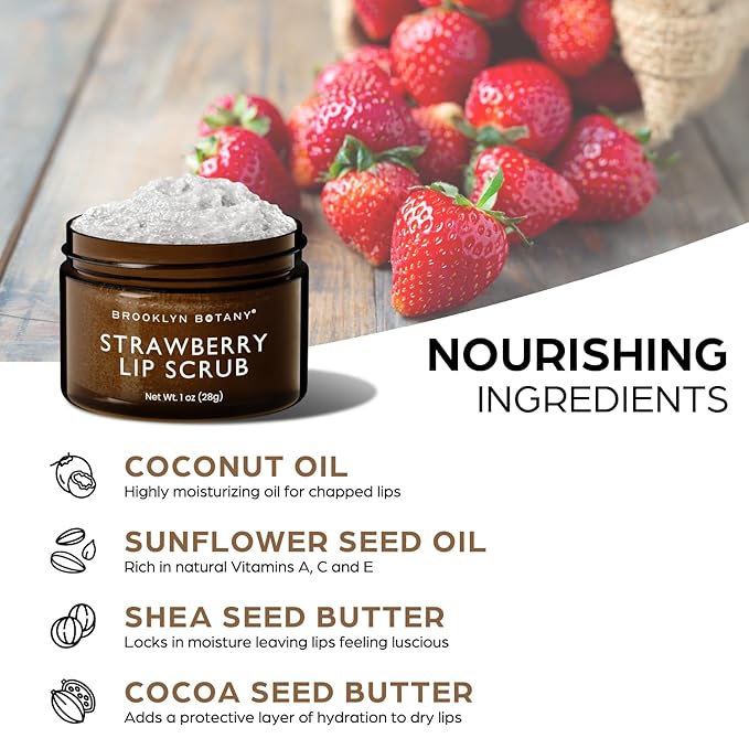 Brooklyn Botany Lip Scrub Exfoliator 1 oz – Lip Moisturizer for Dry Lips and Chapped Lips – Gentle Lip Exfoliator for Smooth and Brighter Lips – Strawberry Flavor-VivaGrace Women
