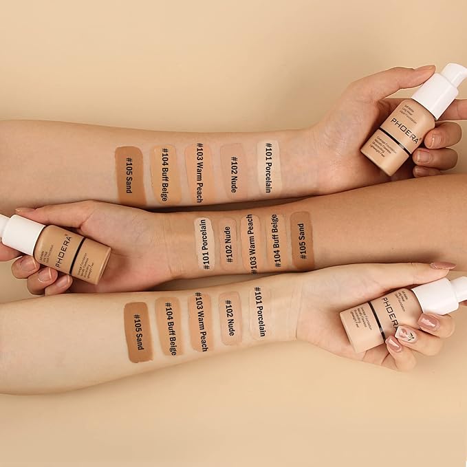 PHOERA Foundation Makeup Naturally Liquid Foundation Full Coverage Mattle Oil-Control Concealer 8 Colors Optional,Great Choice For Gift (#102 Nude,30ml)-VivaGrace Women
