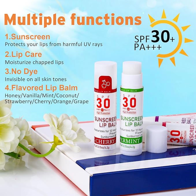 SPF 30 Lip Balm with Sunscreen, SPF Lip Balm Bulk Travel Size-32 Pack, Hydrating Lip Balm Pack with Vitamin E and Coconut Oil- 8 Flavors-VivaGrace Women