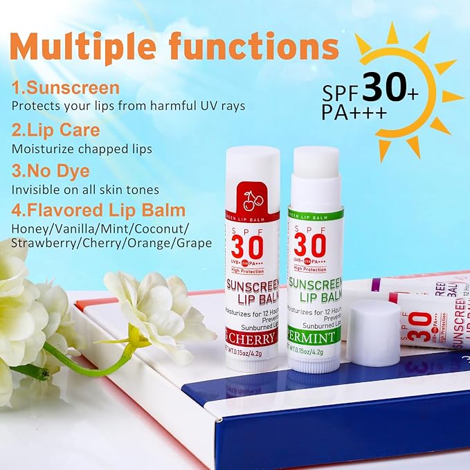 SPF 30 Lip Balm with Sunscreen, SPF Lip Balm Bulk Travel Size-64 Pack, Hydrating Lip Balm Pack with Vitamin E and Coconut Oil- 8 Flavors-VivaGrace Women