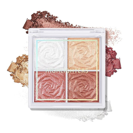 Boobeen Blush and Highlighter Palette- 4-color Metallic Shimmer Shadow Powder, Illuminator Makeup Set for Shading, Highlighting & Defining the Face-VivaGrace Women
