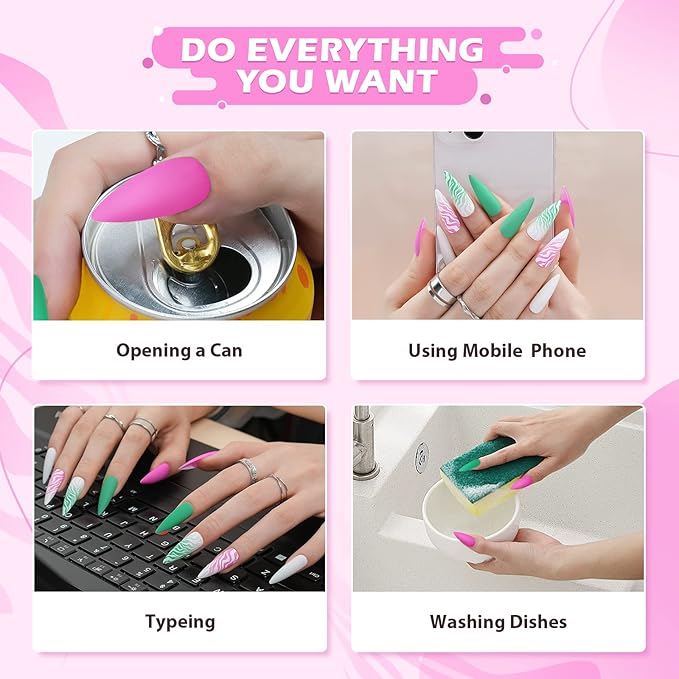Extra Long Press on Nails XXL Pink and Green, Jofay Fashion Fake Nails with Designs, False Nails with Glue, Stick on Nails for Women Girls, Natural & Reusable, Acrylic Nail Tips, Alps, 24pcs
