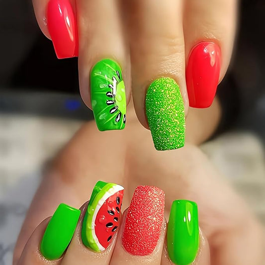 24 Pcs Summer Press on Nails Medium Length Fake Nails Cute Watermelon Full Cover Glue on Nails Glossy Red Green False Nails Summer Fruit Acrylic Nails Square Shape Glue on Nails for Women and Girls