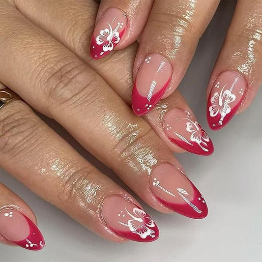 Red French tips Press on Nails Medium Almond Fake Nails with Design White Flower Glue on Nails Glossy Spring Nails Reusable Summer False Nails for Women Girls Manicure 24pcs