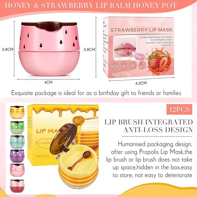 12 Pcs Bee Lip Balm Honey Pot with Brush Propolis Lip Mask Overnight, Moisturizing Hydrating Lip Sleeping Mask Prevention Dry and Cracked(Honey+Peach+Grape+Strawberry+Apple Lime+Mint)-VivaGrace Women