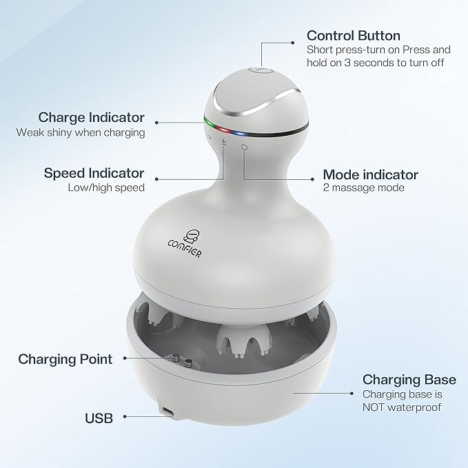 COMFIER Electric Scalp Head Massager with 4 Soft Silicone Massage Heads, Portable Hair Massager for Hair Growth, Relieve Stress, Head Scratcher for Deep Relaxation, Dog Cat Massager, Gray-VivaGrace Women