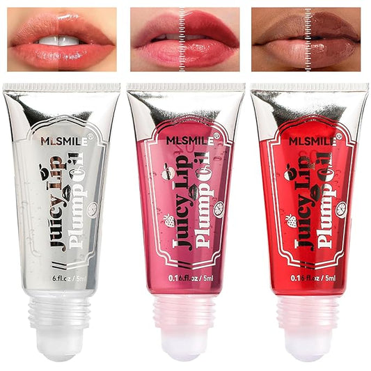 3Pcs Lip Plumper Gloss Set, Roll On Plumping Lip Oil Hydrating Glossy Lipstick Lip Care Serum Enhancer Nourishing Non-sticky High-Shine Lip Glass Mirror Glaze for Fuller Lips Mask Makeup-A-VivaGrace Women