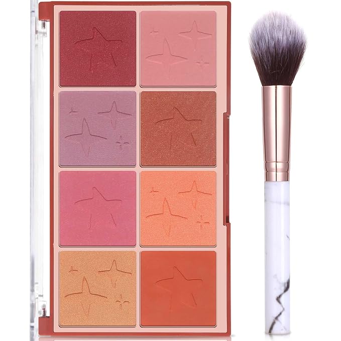 8 Colors Face Matte Blush Palette Shading Blusher with Brush - Buildable Facial Cheek Blusher Contour Bronzing Pressed Powder Makeup Pallet Women Gift Set (02 Shimmer Matte)-VivaGrace Women