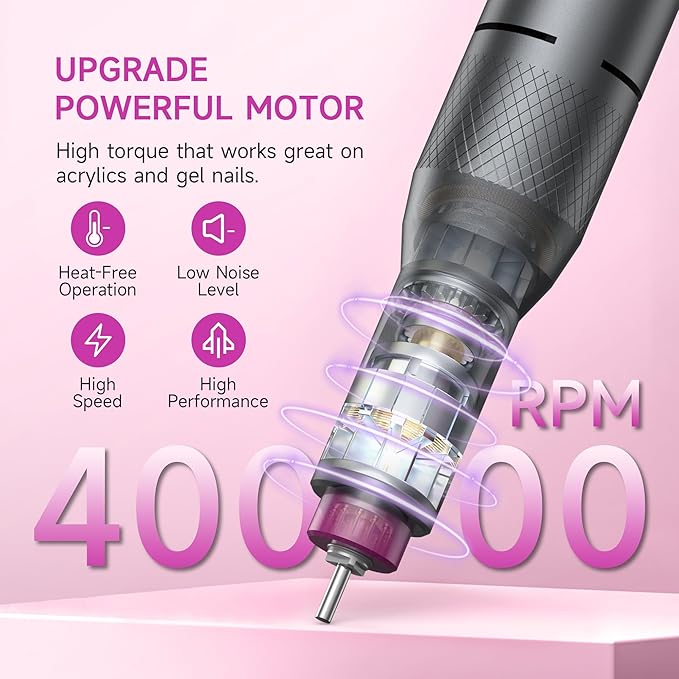 Electric Nail Drill Professional, Portable Nail File for Acrylic Gel Nails, Cordless Rechargeable Ultra Power Nail Drill Kit 40000RPM, HMC320 Salon-Grade Efile Nail Machine (Dark Grey)-VivaGrace Women