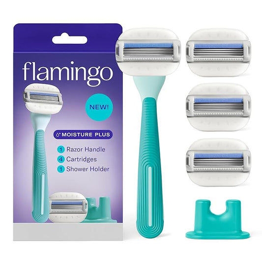 Flamingo Moisture Plus Women's Razor Set - Razor Handle, 4 Blade Refills, Shower Holder - Seafoam-VivaGrace Women
