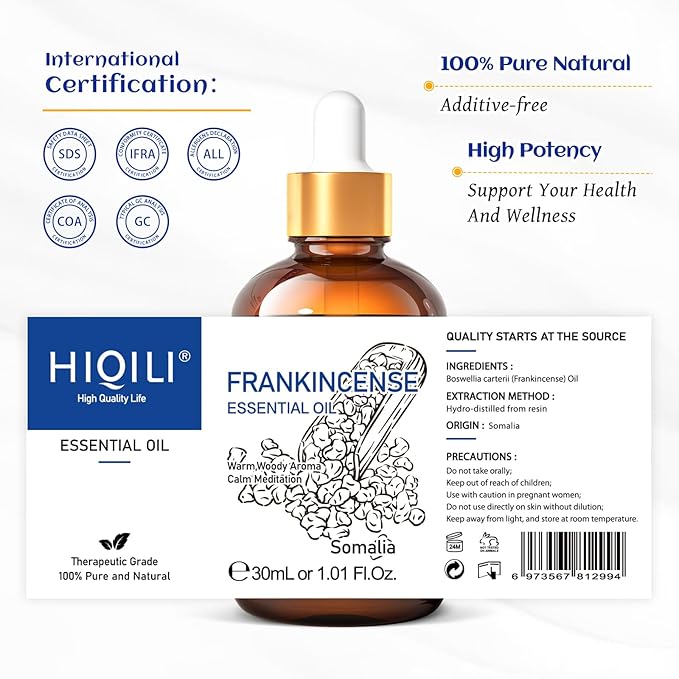 HIQILI 30ML Frankincense Essential Oil, Relaxing, Skin Care, Camp Atmosphere Creation, Can be Added to Body Lotions, Creams, Aromatherapy Use - 1 Fl Oz-VivaGrace Women