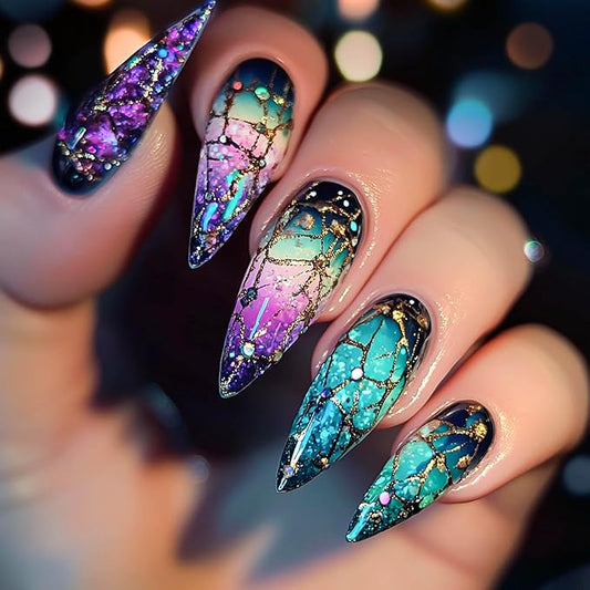 Almond Press on Nails Medium Length Fake Nails Sparkly False Nails with Stained Glass Windows Designs Ombre Artificial Nails Cute Stick on Nails for Women 24Pcs