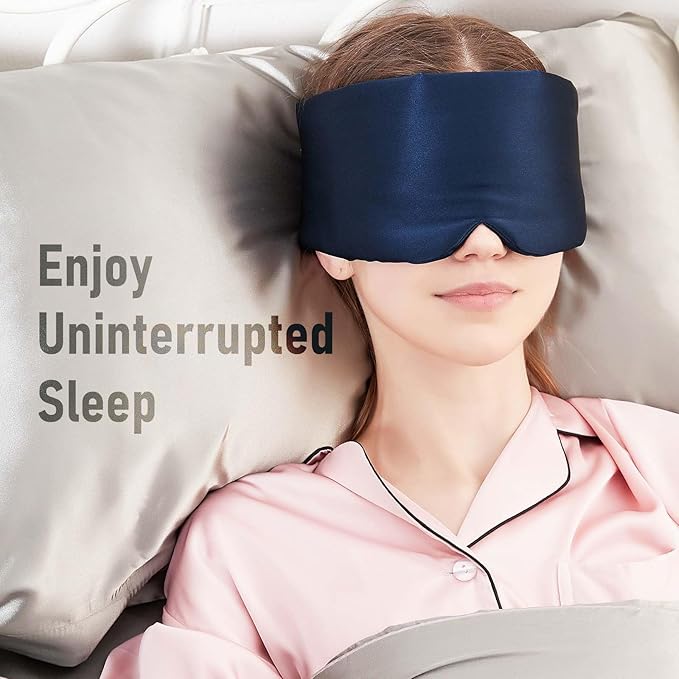 Nature Silk Sleeping Mask Soft Featherweight Eye Mask Large Wrap-Around Blindfold with Adjustable Velcro Blackout for Wild Sleeper Nose Cut (NavyBlue)-VivaGrace Women