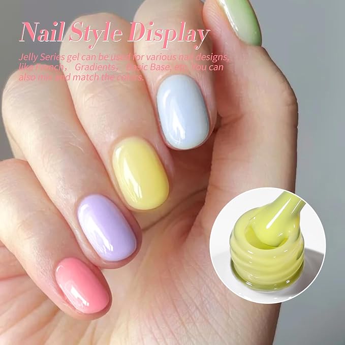 Born Pretty Jelly Pastel Gel Nail Polish 6 Colors Spring Summer Yellow Green Blue Purple Pink Candy Sweet Colors Apex Building Effect Gel Polish Kit Nail Art Gel Manicure Kit DIY at Home Salon Gifts-VivaGrace Women