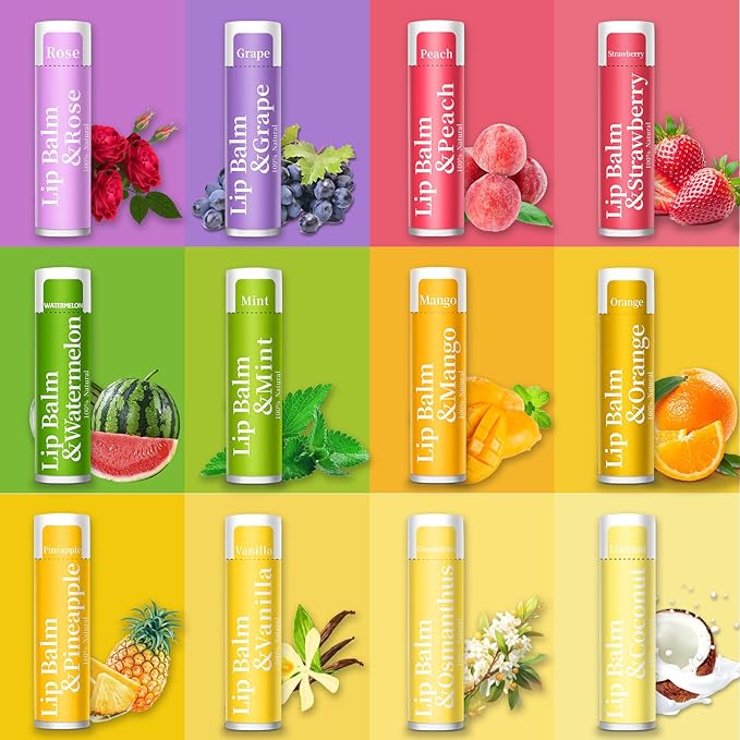 64 Pack Lip Balm, 12 Flavored Organic Natural Lip Balm Bulk Set with Coconut Oil, Moisturizing Lip Balms for Dry Cracked Lips,Bulk Lip Balms Hydrating for Gifts Party Favors(4.2g/0.15oz)-VivaGrace Women
