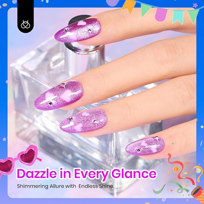 Beetles Cat Eye Gel Nail Polish, 6 Colors Summer Cat Eye Glitter Gel Polish Set Neon Red Pink Purple Blue Green with Magnet Velvet Gel Kit French Nail Art Manicure Gift for Women-VivaGrace Women