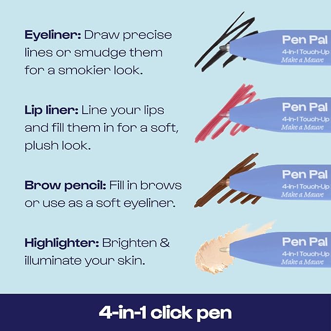 Alleyoop Pen Pal Touch-Up 4-in-1 Makeup Pen, Make A Mauve (Light - Medium) - Travel Make Up Set with Eyeliner, Brow Pencil, Highlighter & Lip Liner - High-Pigment Formula, Easy & Smooth Application-VivaGrace Women