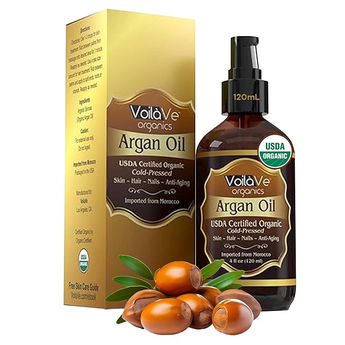 VoilaVe USDA and ECOCERT 100% Pure Organic Moroccan Argan Oil for Skin, Nails & Hair Growth, Anti-Aging Face Moisturizer, Cold Pressed, Hair Moisturizer, Rich in Vitamin E, As Seen On TV - 4 fl oz-VivaGrace Women