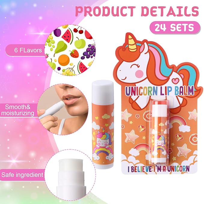 24 Sets Unicorn Party Favors Lip Balms Bulk for Kids Birthday Party Moisturizing Lip Balm for Unicorn Themed Celebration Gifts Lip Care Products for Classroom Rewards Favor Party Supplies-VivaGrace Women