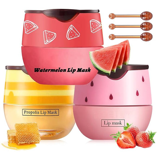 3 PCS Bee Lip Balm Lip Mask Honey Pot, Honey & Strawberry & Watermelon Lip Mask Overnight Propolis Moisturizing Lip Balm with Stick, Hydrating Repair Lip Sleeping Mask,Prevention Dry & Cracked-VivaGrace Women