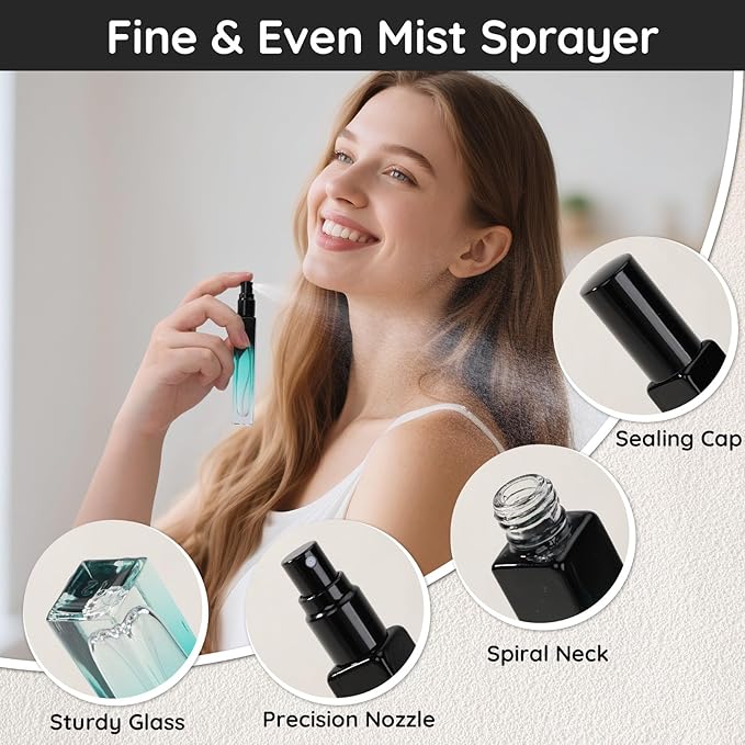 Segbeauty 0.34oz Refillable Perfume Bottle Travel, 5 Pack Glass Spray Bottles for Perfume, 10ml Empty Mini Fine Mist Cologne Travel Bottle, Portable Cologne Sprayer Atomizer with Refill Tool Kit-VivaGrace Women