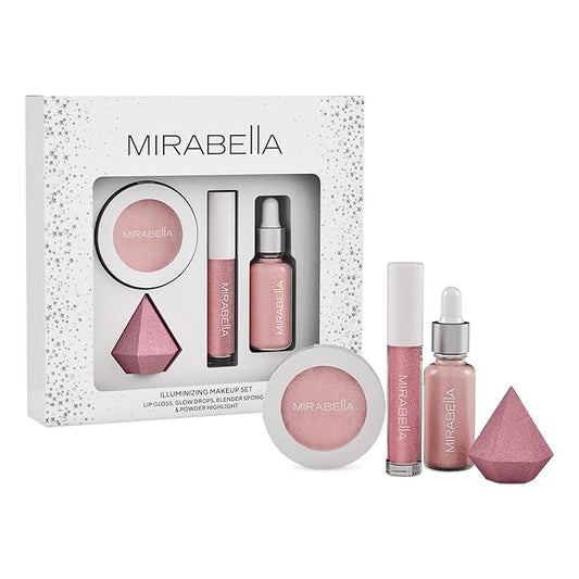 Mirabella 4-Piece Makeup Set for Women & Girls, Illuminizing Holiday Gift Set - Make-Up Set Includes Lip Gloss, Glow Drops, Powder Highlight & Blender Sponge - Talc-Free & Paraben Free Cosmetic Set-VivaGrace Women