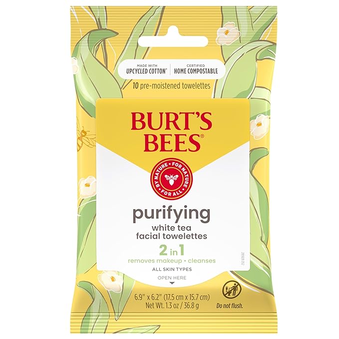 Burt's Bees Purifying Facial Towelettes With White Tea, Pre-Moistened Towelettes for All Skin Types, 99.1 Percent Natural Origin Skin Care, 10 ct. Package