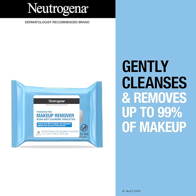 Neutrogena Fragrance-Free Makeup Remover Wipes, Daily Facial Cleanser Towelettes, Gently Removes Oil & Makeup, Alcohol-Free Makeup Wipes, 25 ct-VivaGrace Women