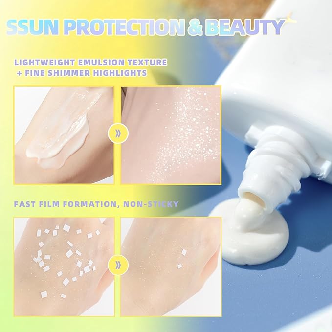 Shimmer Face Primer with Sunscreen, SPF 30, Highlighting Fine Glitter Brightening + Sun Protection, Moisturizing Sunscreen, Natural & Refreshing, Oil-Controlling,Non-Greasy Isolation Primer-VivaGrace Women