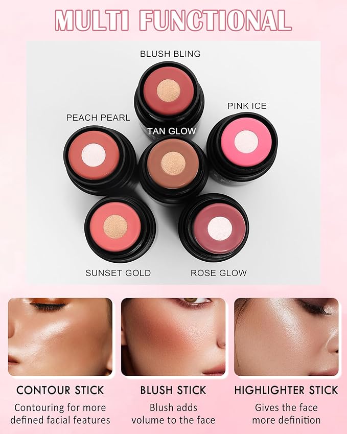 Cream Blush Stick Makeup for Cheeks, Multi Blush & Highlighter Contour Stick, Long Lasting Waterproof Creme Blush Bronzer Stick, Lightweight Matte and Dewy Finish, Face Shaping Makeup for Women-03-VivaGrace Women