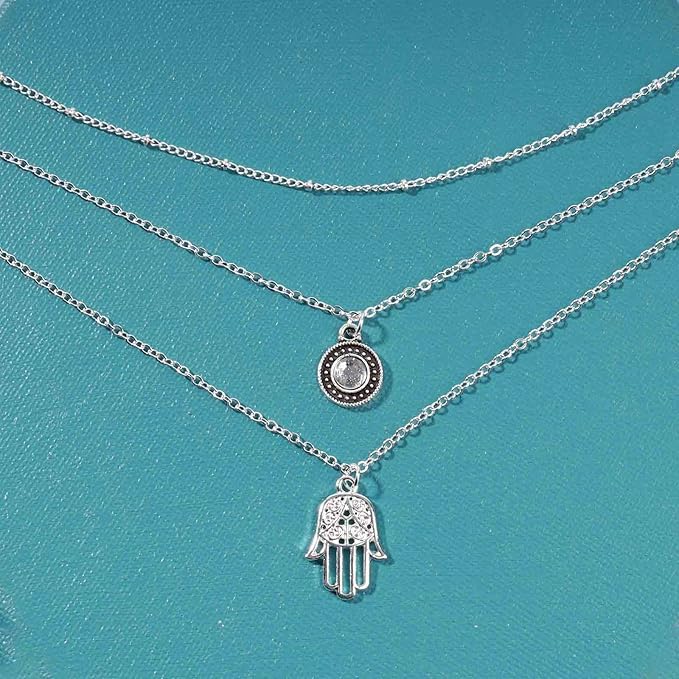 Boho Layered Opal Moonstone Necklace Silver Hamsa Pendant Necklace Futian Hand Necklace Chain Opalite Gem Necklace Jewelry for Women and Girls-VivaGrace Women