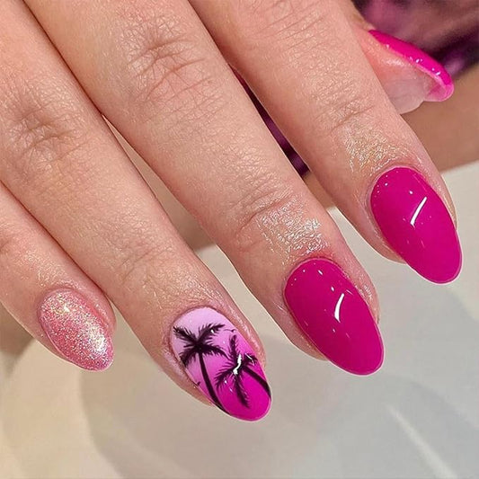 Coconut tree Press on Nails Medium Almond Fake Nails with Design Rose Gold Glitter Glue on Nails Glossy Spring Nails Reusable Pink Gradient Summer False Nails for Women Girls Manicure 24pcs