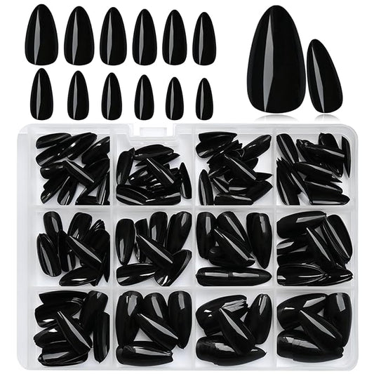 LoveOurHome 240pc Almond Press on Nails Medium Black Fake Nail Tips Full Cover Glue Almond Acrylic Nails Press ons Nail Short Stiletto False Artificial Fingernail & Glue Adhesive Tabs for Women Girls