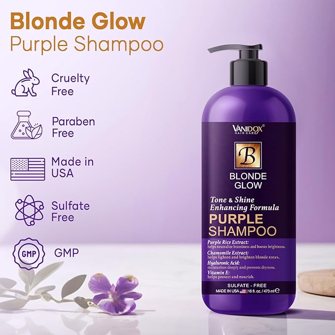 Sulfate Free Brass Toning Purple Shampoo for Blondes, Brown Highlighted, or Bleached Hair, Infused with Purple Rice Extract, Hyaluronic Acid, Vitamin E, and Chamomile Extract (16 fl oz)-VivaGrace Women